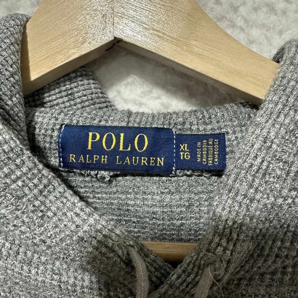 Polo Ralph Lauren Gray Heather Waffle Knit Long Sleeve Hoodie‎ Pullover Size XL